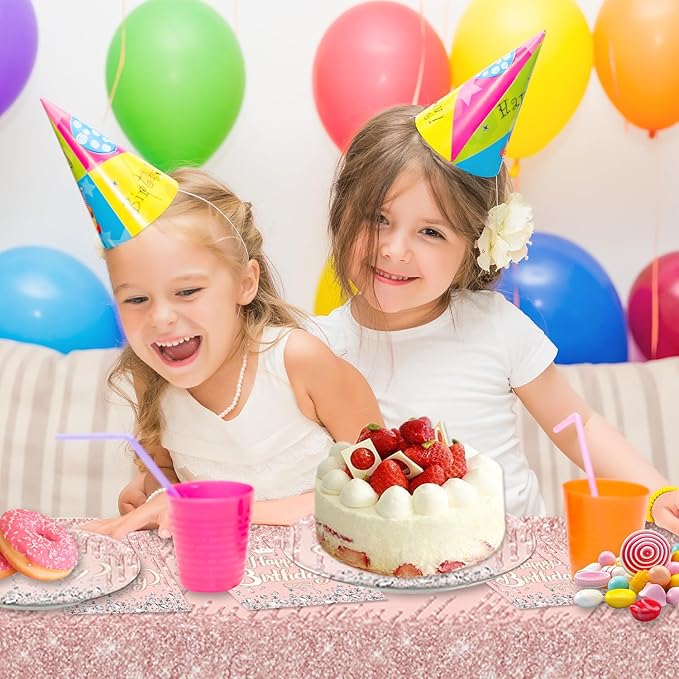 41pcs Pink and Silver Party Supplies ,include 20 dessert plate,20 Napkin and 1pcs Tablecloth,Used for Pink Glitter and Silver Birthday Party Decoration
