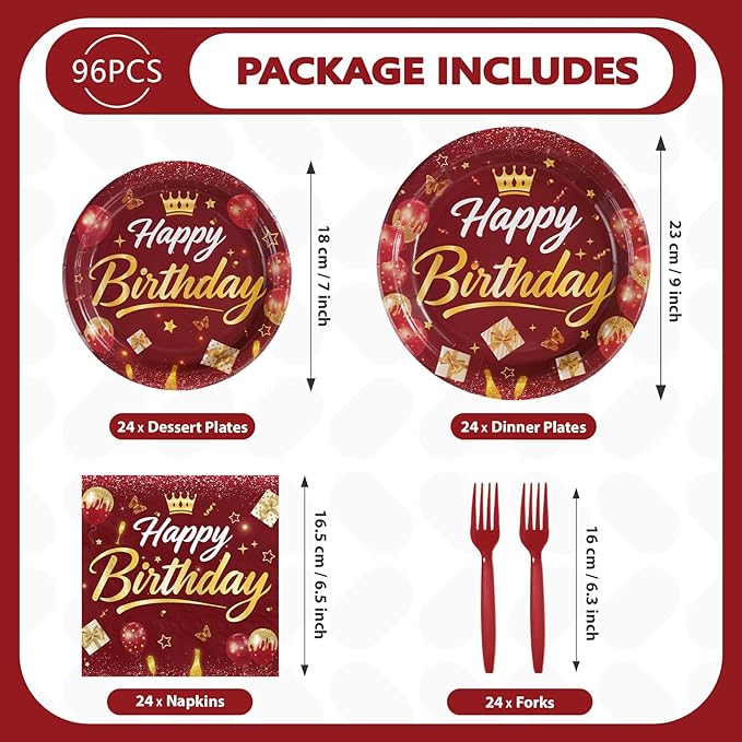 96Pcs Burgundy Birthday Party Decorations Maroon Wine Red Gold Birthday Paper Plates and Napkins Sets Red Golden Burgundy Theme Decorations for Winter Holiday Bday Dinner Party Supplies Serves 24