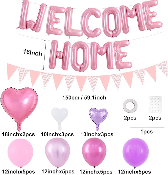 TONIFUL Welcome Home Decorations,16 Inch Pink Welcome Home Foil Balloon Banner Pink Purple Confetti Balloons Pennant Flag Bunting for Homecoming Party House Warming Party Family Gathering Supplies