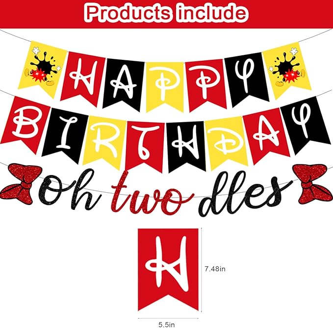Oh Twodles Banner ,Happy 2nd Birthday Party Decor for Girls Boys - Cartoon Mouse Second 2nd Birthday Theme 2nd Birthday Party Decorations Supplies