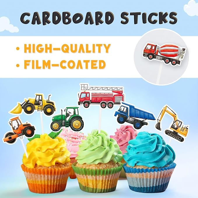 WERNNSAI 40 Pcs Construction Cupcake Toppers - Construction Birthday Party Supplies Truck Excavator Cake Toppers Picks for Kids Birthday Baby Shower Party Supplies
