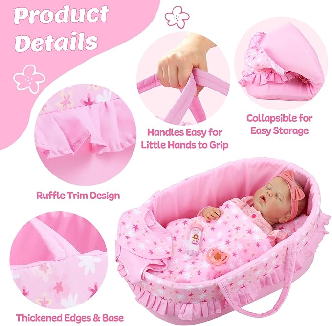 GAGAKU 18 Inch Doll Bassinet - Baby Doll Bed with Carry Handle & Pink Accessories Set for Girls & Kids, Reborn Baby Dolls Accessories