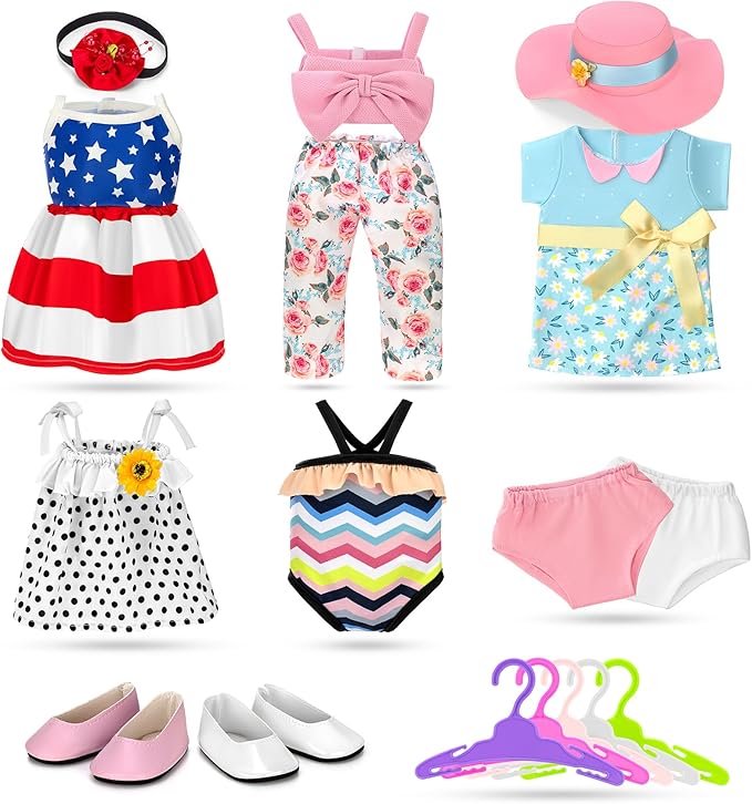 18 inch Doll Clothes and Accessories for American 18 Inch Dolls Girl Clothing Gift, 17Pcs Complete Set Clothing with Outfits, Dress, Shoes, Swimsuit, Underwear, Hat, Headband, Clothes Hangers