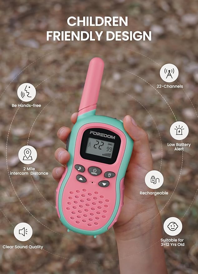 FOREDOM Rechargeable Walkie Talkies for Kids Walkie Talkies Long Range for Boy & Girl Age 3 to 12 Year Old Birthday Toys with Flashlight, 2 Pack