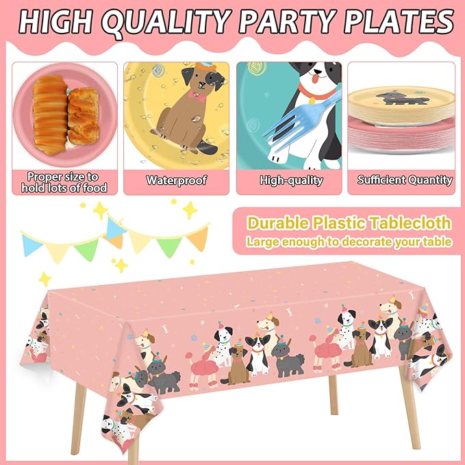 98Pcs Pet Dog Birthday Party Supplies Retro Puppy Themed Paper Plates Napkins Puppy Party Tableware Tablecloth Disposable Pet Dog Decorations Dinnerware for Kids Birthday Baby Shower Table Decor