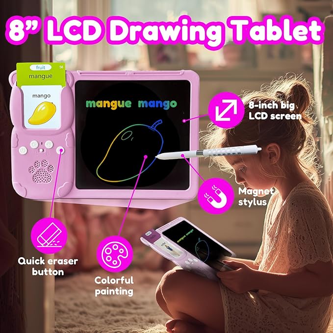 Drawing Tablet with Bilingual Flashcards for Kids - French English Talking Flash Cards, LCD Writing Pad Board, Pocket Speech for Toddlers, Learning Toy Gift for Boys Girls (French, Pink)