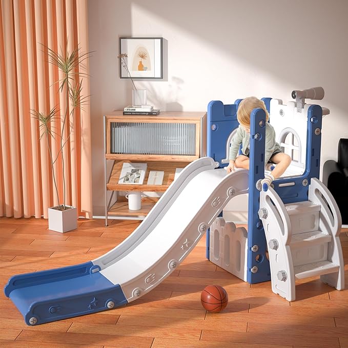MOCUTEEN 6 in 1 Toddler Slide,Baby Playset for Indoor Outdoor Playground with Basketball Hoop,Storage and Telescope,Climbing Toys for Toddler Playground Playset