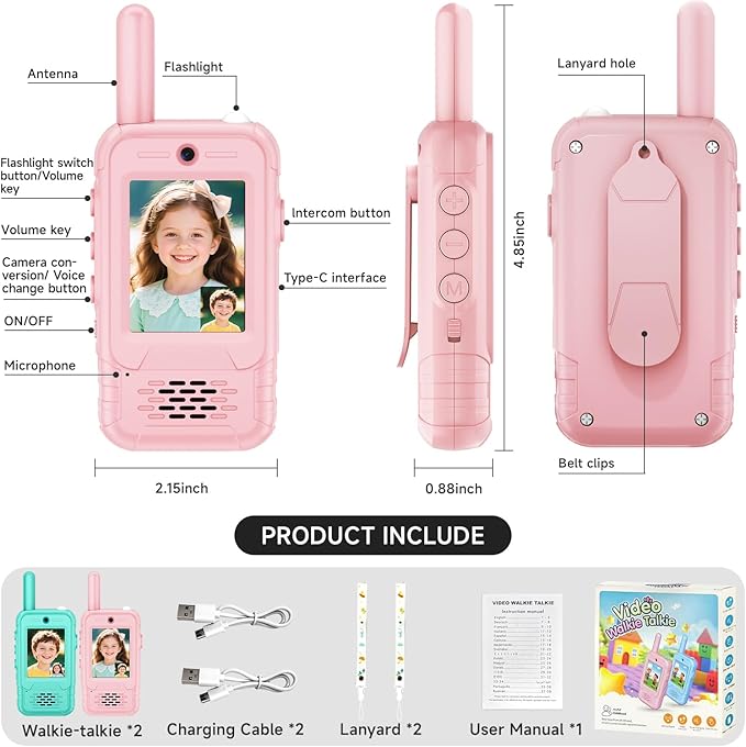 Video Walkie Talkies for Kids, 2 Pack Rechargeable Kids Walkie Talkies Long Range with Flashlight Outdoor Christmas Birthday Toddler Toys Gifts for 3-12 Year Old Boys Girls for Outside, Camping Travel