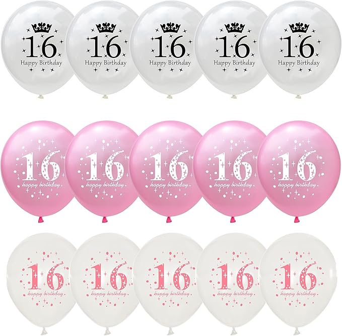 Sweet 16 Birthday Decorations for Girls, Pink White Happy 16th Birthday Party Latex Balloons, 15 Pieces 16th Birthday Decorations for Her Kids Age 16 Year Old Birthday Party Decorations Supplies