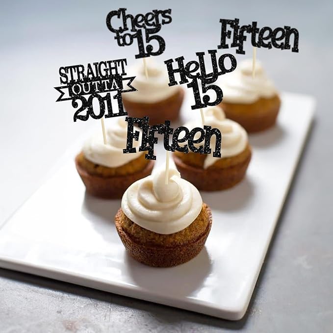 Ephlyn 24Pcs 15th Birthday Cupcake Toppers Glitter Straight Outta 2011 Cupcake Picks Hello 15 Cheers to 15 Years Cake Decorations for 15th Birthday Anniversary Party Decorations Supplies Black