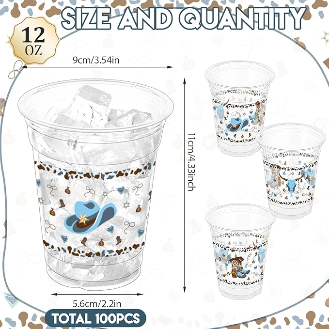 100 Pcs Western Cowboy Plastic Cups, 12 oz Blue Clear Disposable Party Cups for Baby Shower, Birthday Supplies