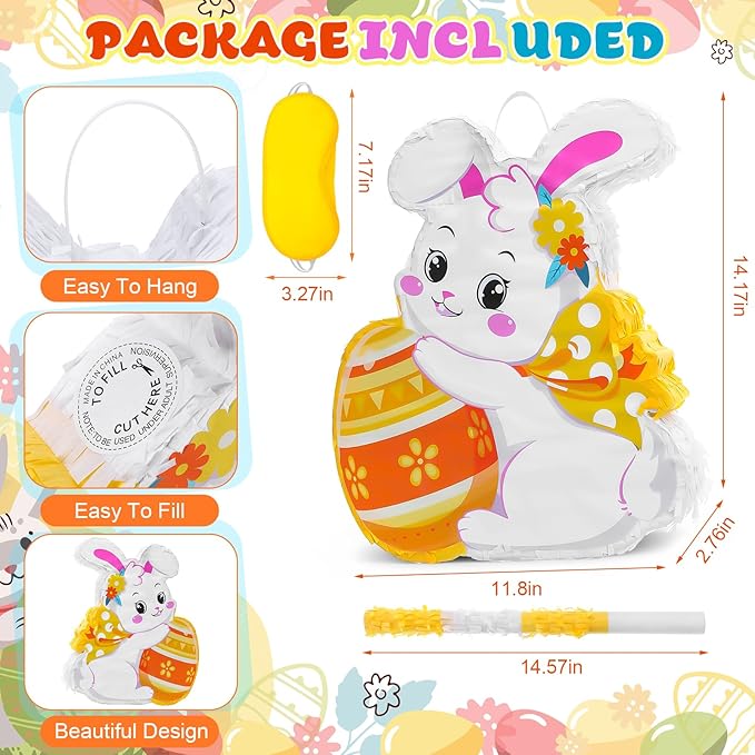 96pcs Easter Bunny Piñata Set Easter Piñata with Blindfold Hitting Stick Confetti Eggs Bracelets Photo Props for Birthday Decoration School Spring Party Game