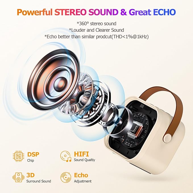 Kids Mini Karaoke Machine with Lights, Portable Bluetooth Speaker with 2 Wireless Microphones, Birthday Toys Gift for Girls Boys Ages 4,5,6,7,8,9,10+ Year Old, Party, Home KTV, Outdoor (Beige)