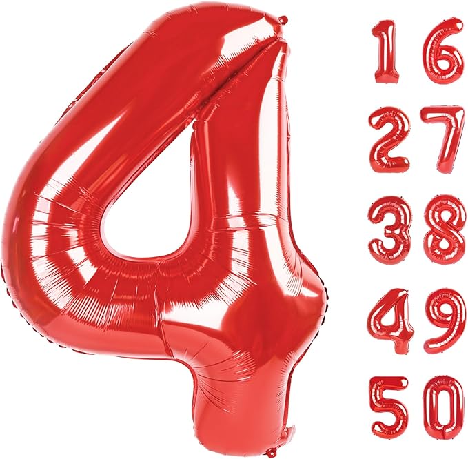 40 Inch Big Red 4, Balloon Number Large Foil Helium Number Balloons 0-9 Jumbo Giant Happy 4th Birthday Party Decorations for Boy or Girl Huge Mylar Anniversary Party Supplies