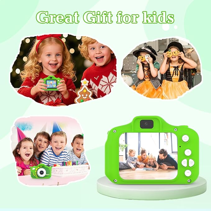 Kids Camera for 3-9 Year Old Boys Girls, Children Digital Camera with Cute Cartoon Soft Cover & 32GB SD Card, Best Christmas Birthday Gifts for Grandkids, Halloween Party Favors for Kids - Green