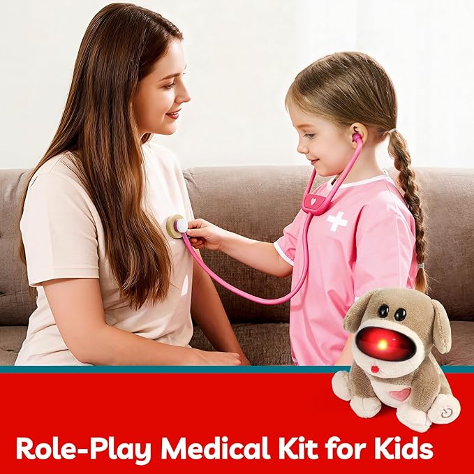 TOP BRIGHT Doctor Kit for Toddlers 3-5, Pretend Play Doctor Set with Pink Veterinarian Costume, DR Kit Dress Up Toys for Kids, Role Play Dog Vet Playset, Christmas Birthday Gifts for Girls Boys 3 4 5