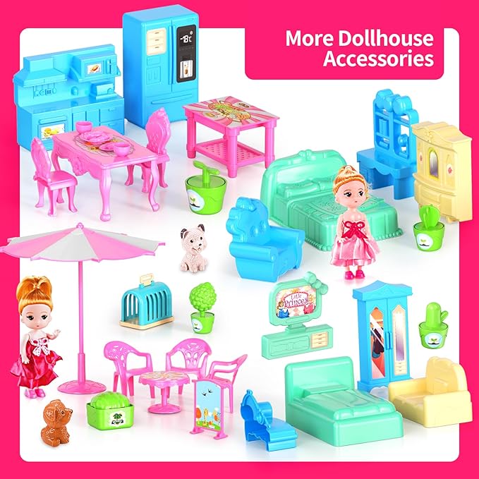 Doll House Toys for Girls, Dollhouse with Glow in The Dark, Kids Doll House Playset with 4-Story 14 Play Areas, 2 Dolls, Toy Dogs, Dollhouse Accessories and Furniture, Princess Toy Gifts
