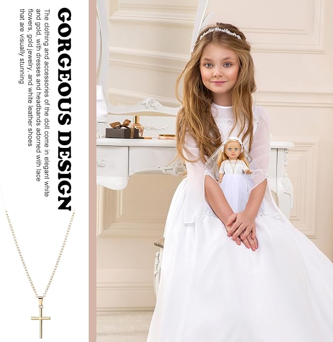 7 Pcs 18 Inches American Doll Clothes Outfit First Communion Dress with Matching Headband Veil Bracelet Shoes Socks Necklaces Fit 18 Inches Dolls, Doll Not Included(Floral Headband)