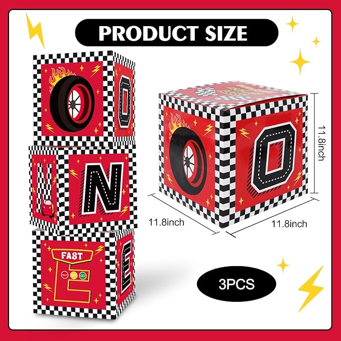 TONIFUL Race Car 1st Birthday Party Supplies Red Yellow Black Balloon Box with Letters，Fast One Theme One Year Old Birthday Party Favors for Kids Baby Shower First Birthday Decoration