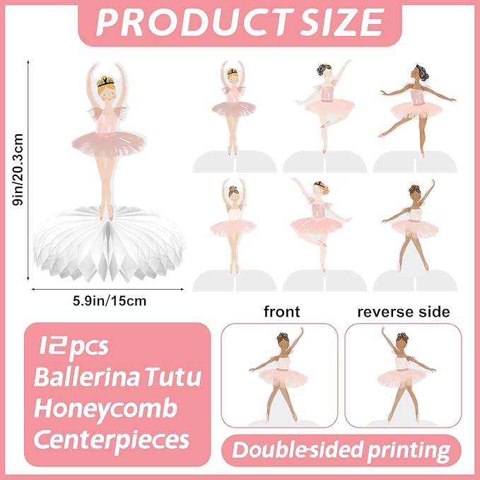 12 Pcs Ballerina Tutu Honeycomb Centerpieces Ballet Party Decorations for Tables Theme Dancers for Ballet Wedding Baby Shower Birthday Party