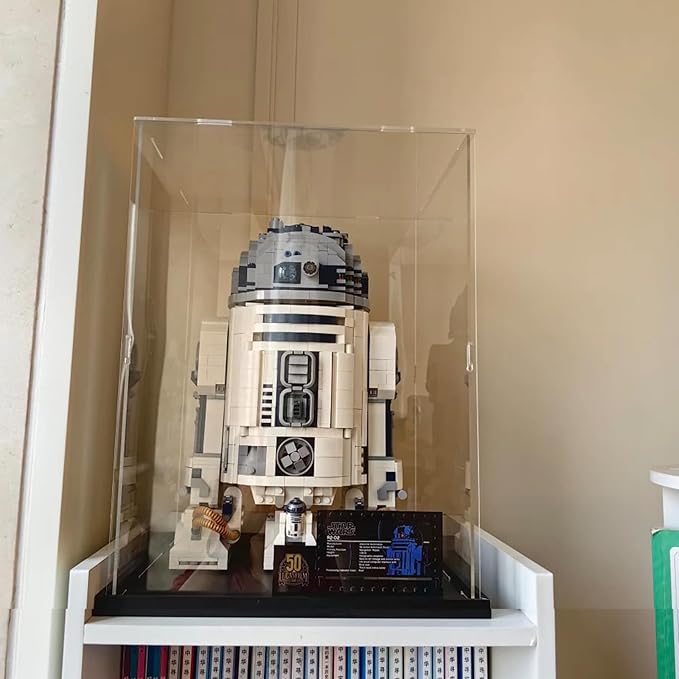 Thickened Clear Acrylic Display Case for Lego 75379 R2-D2 (Mini) 43217 75304 75349 75350 Collectibles, Transparent Box Protection with Wood-Plastic Base & String Light, Black Inside 7.9x7.9x11.8inch