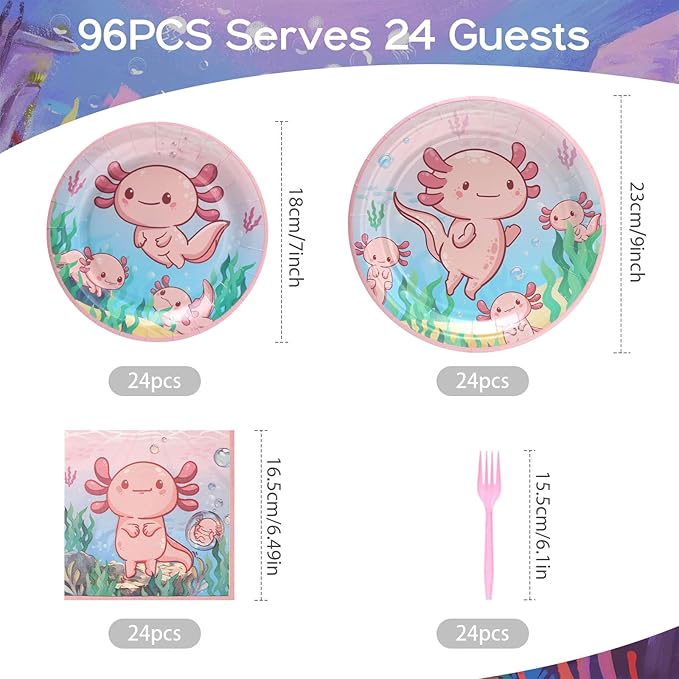 96Pcs Axolotl Birthday Decorations Pink Cartoon Animals Paper Plates and Napkins and Forks for 24 Guest Picnic Baby Shower Kids Birthday Party Supplies