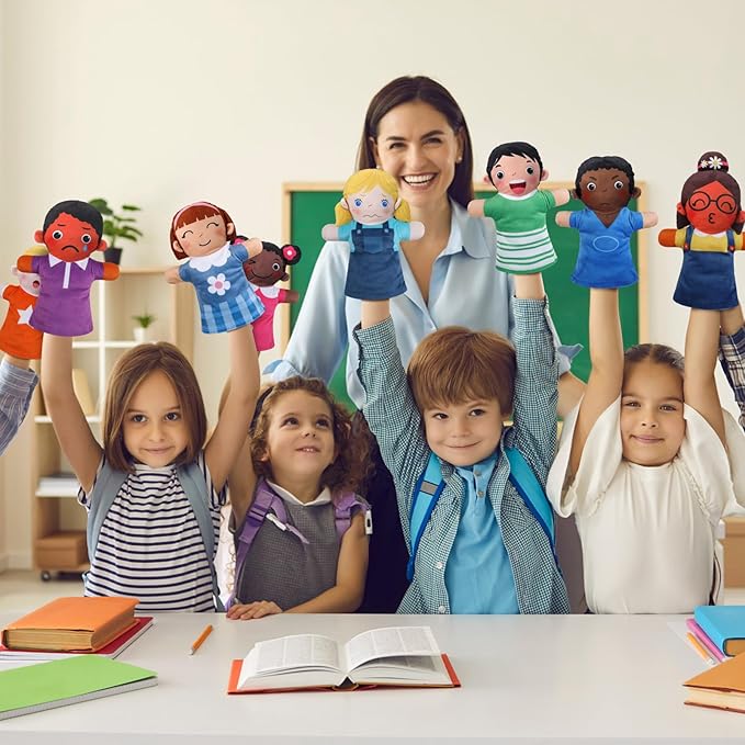 Poen 8 Pcs Hand Puppets Set for Kids Multicultural Hand Puppets Bulk Soft Plush for Toddlers Learning Interaction Suitable for Home Daycare School Classroom Role Play Fantoccini Theater Shows(Feeling)