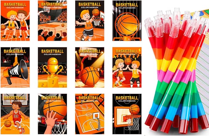 BenLouis 12 Basketball Mini Coloring Books Kids with 12 Stacking Crayons Basketball Party Favors Small Activity Books Bulk for Kids Sports Party Gift Goodie Bag Stuffers