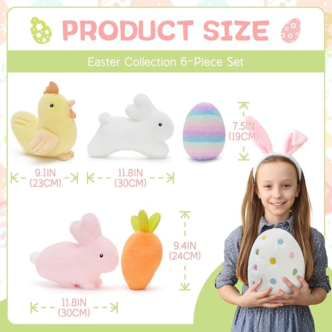 MaoGoLan 6 Pack Easter Stuffed Animals Bulk, 9 inch Floppy Bunnies Easter Eggs Chicken Carrot Plush Toys Set for Kids Girls Gift Non-Candy Basket Stuffers Party Favors Decorations