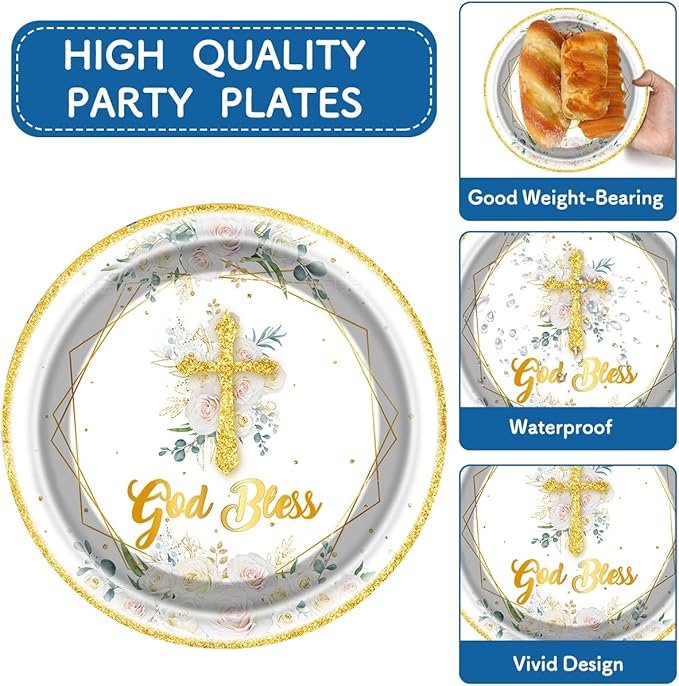 God Bless Plates and Napkins Baptism Theme Party Supplies, First Holy Communion 20 Plates, 20 Napkins for Newborn Baptism Church Cross Party Decoration