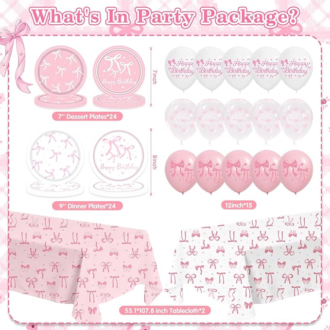 Coquette Birthday Decorations, Pink Bow Birthday Decorations Serve 24 Includes bow hair clip Hanging Swirls Plates Napkins Cups Banner Tablecloth Balloons Pink Party Supplies for Girls Party