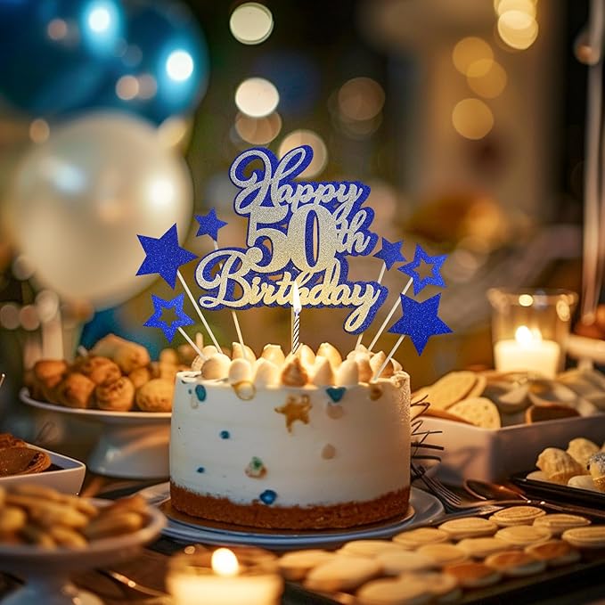 Happy 50th Birthday Cake Topper 50 Birthday Cake Decorations, Happy 50th Birthday Anniversary Party Cake Decorations for Men Women, Blue Silver Glitter