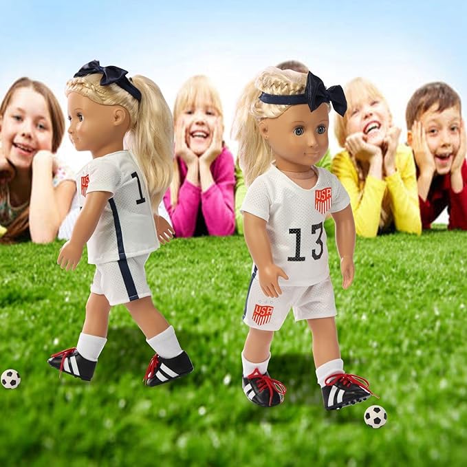 18 inch American Doll Clothing Accessories, USA Team Girls Soccer, Basketball, Tennis Clothing Sets, Doll Ball Sports Clothes, Dolls are not Included (Doll Soccer Clothes)