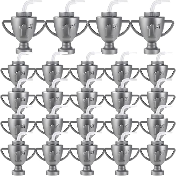 Amyhill 12 Pcs Race Car Trophy Cups With Straws and Lids 12 Oz Plastic Race Car Birthday Party Supplies And Favors For Kids Adults Props Rewards Winning Prizes Competitions (Silver)