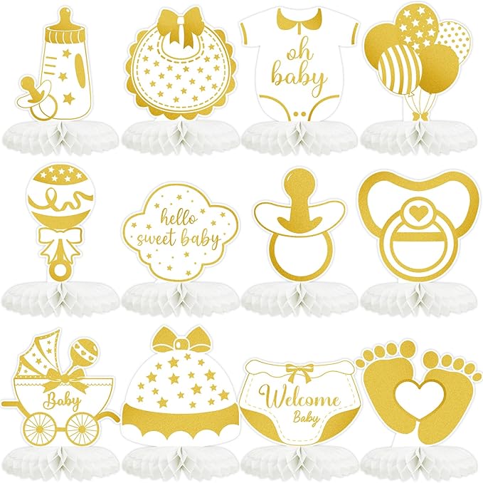 Tarklanda 12 Pcs Baby Shower Decorations Centerpieces Gender Reveal Gold Honeycomb Table Centerpiece for Birthday Party Baby Showers Table Topper Supplies