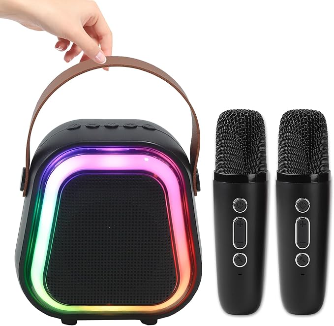 K269 Mini Karaoke Speaker with LED Lights, Portable Bluetooth Entertainment System with 2 Microphones, Dynamic Color-Changing Effects for Kids (Black+2 Mic)
