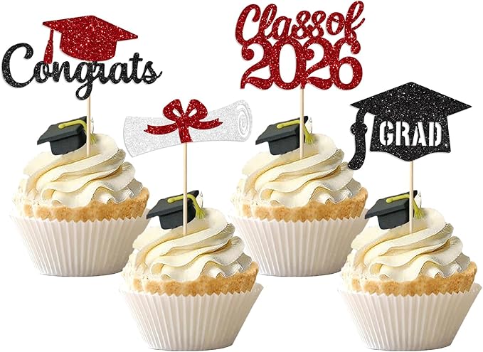 Red and Black Graduation Cupcake Toppers Decorations Class of 2026 Cupcake Topper Graduation Cup Cake Picks Congrats Grad Party Decor Supplies Set of 24