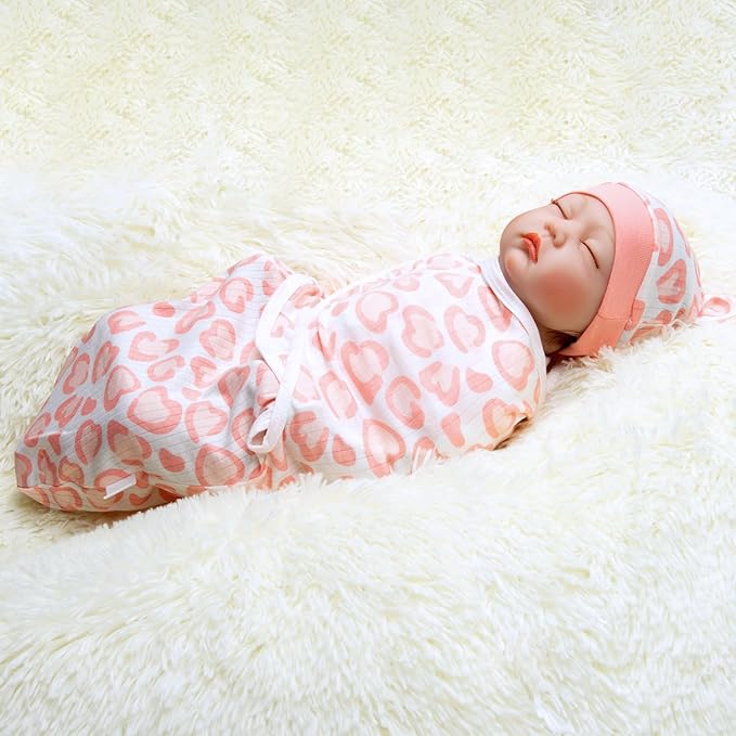 Reborn Baby Dolls Clothes Outfit Accessories Pink Heart Swaddle Blanket & Hat 2 Pcs Set for 17-22 Inch Reborn Doll Newborn Girl&Boy