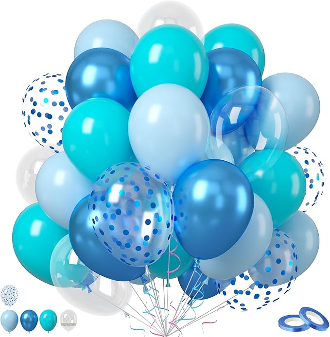 Teal Blue Balloons, 50PCS 12 Inches Turquoise Blue Pearl Latex Balloons With Metallic Confetti Balloon for Ocean Shark Sea Birthday Theme Party Decorations