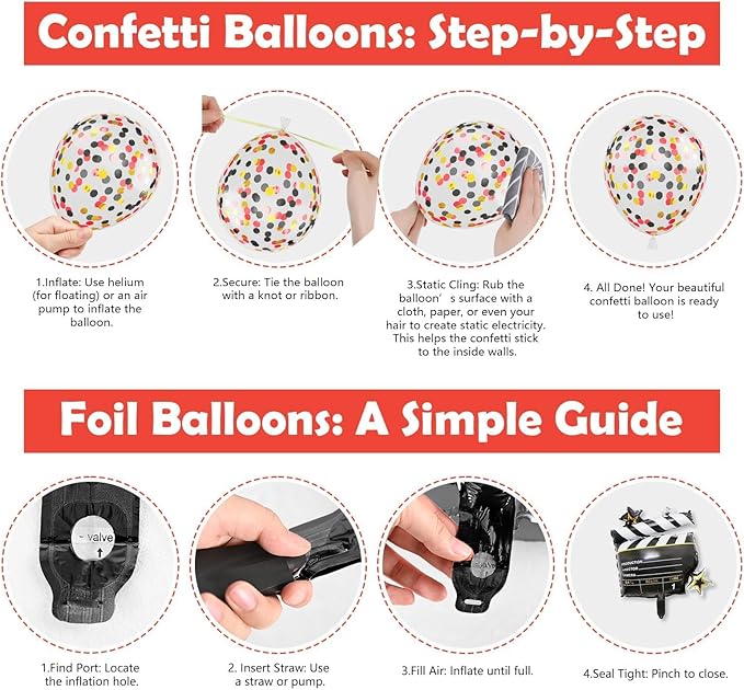 Movie Night Party Balloons, Red Black Gold Confetti Balloons with Film Clapboard and Pop Corn Foil Balloon for Boy Girl Movie Theme Party Decorations Graduation Baby Shower Birthday