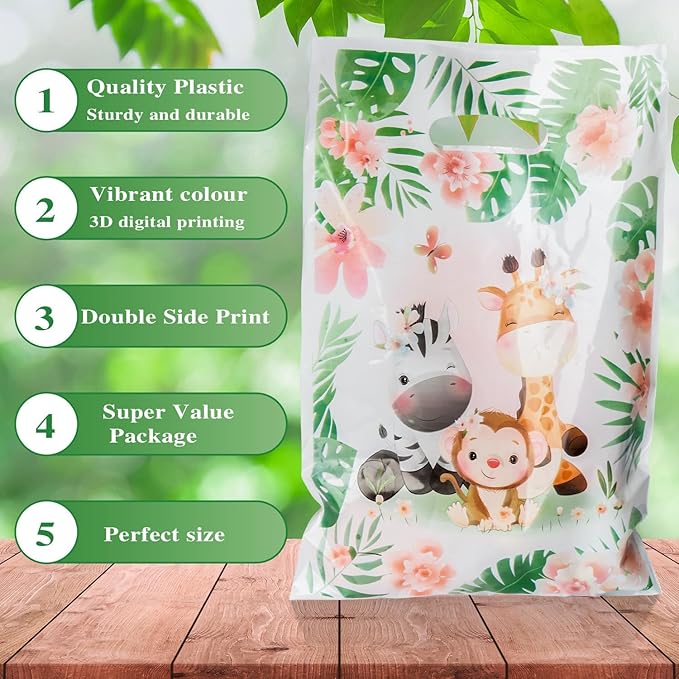 Two Wild Party Favor Bags - 50Pcs Jungle Safari Animals Goody Candy Treat Gifts Bags, Jungle Safari Themed Party Decorations for Kids Girls Boys Birthday Baby Shower Animal Theme Events Supplies