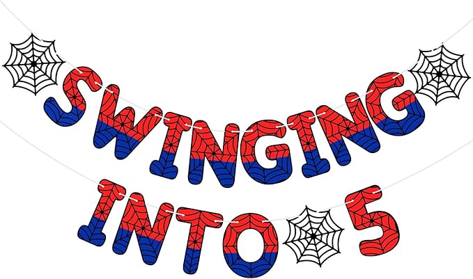 TaoBary Spider Theme 5th Birthday Banner, Pre-strung Swinging into 5 Banner, Spider 5th Birthday Decorations Party Supplies for Kids, Fifth Decor for 5 Years Old Boys Girls(Multicolor)