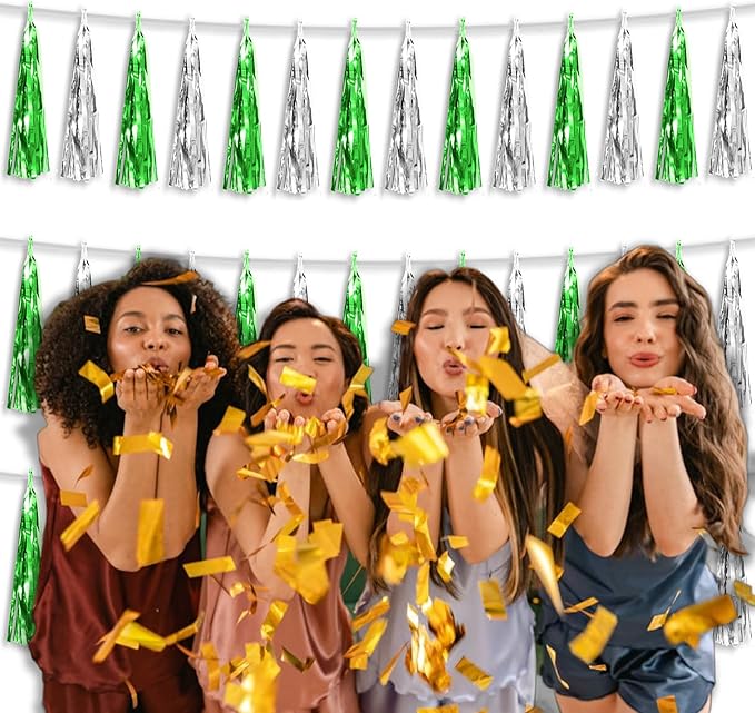 3P Metallic Fringe Tassel Banner Garland Foil Tinsel Streamer Wall Hanging Curtain Backdrop Banner for Parade Floats, Graduation Decorations, Father's Day Party Decoration(Green Silver)