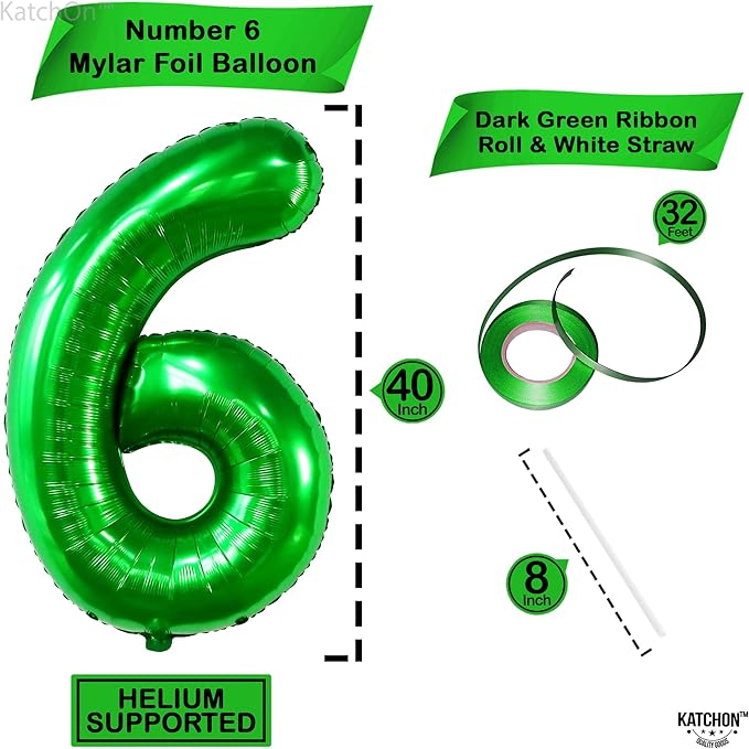 KatchOn, Giant Dark Green Number 6 Balloon - 40 Inch | 6th Birthday Balloons for 6th Birthday Decorations | 6 balloons for Birthday | Six Balloon Number | 6 Year Old balloon for 6 Year Decorations