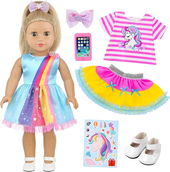 18 Inch Amercian Doll Clothes, 2 Set Girl Doll Clothes and Accessories for 18 Inch Dolls 7 Pcs Include Dress, Hair Clip , Phone, Shoes, Sticker, Top and Mini Skirt
