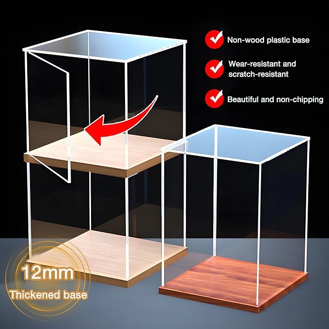 Thickened Clear Acrylic Display Case Box with Wood Base Transparent Protection Showcase Organizer Self-Assembly Dustproof for Collectibles Toys, 4x4x14in(Length x Width x Height)