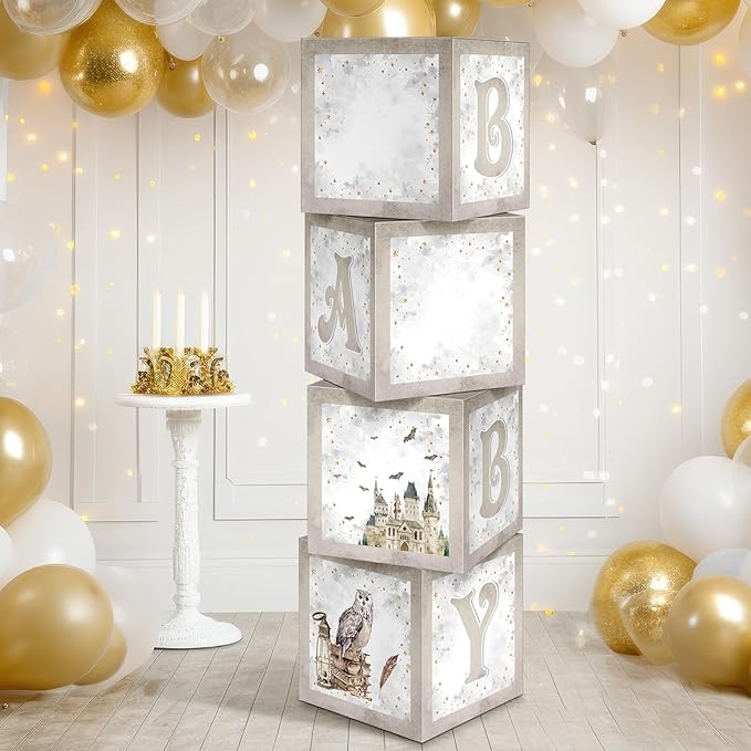 Chunful 4 Pcs Magical Wizard Baby Shower Boxes with Letters for Baby Shower Gender Reveal Balloon Boxes Party Decorations Magic Witch Theme Birtyday Party Supplies