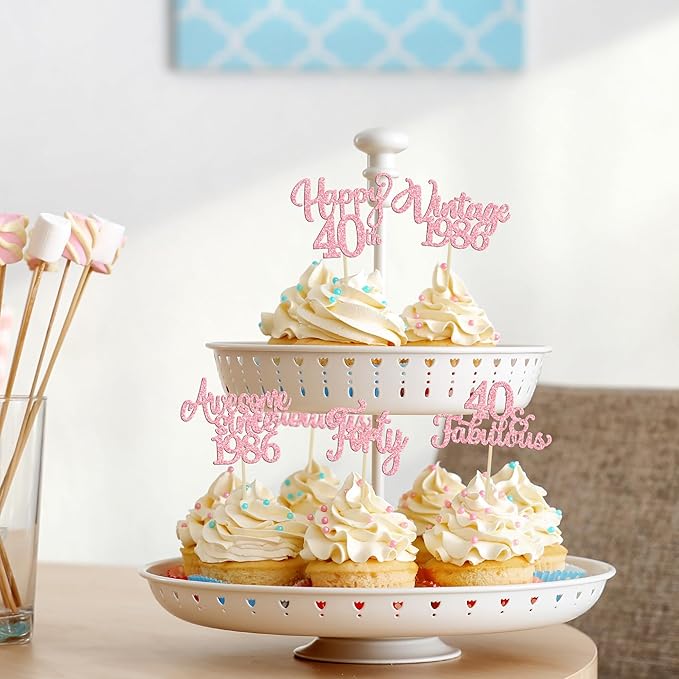 Ephlyn 30Pcs Vintage 1986 Cupcake Toppers Glitter Forty Happy 40th Birthday 40 Fabulous Cupcake Picks Cheers to 40 Years for 40th Birthday Wedding Anniversary Party Cake Decorations Supplies Pink