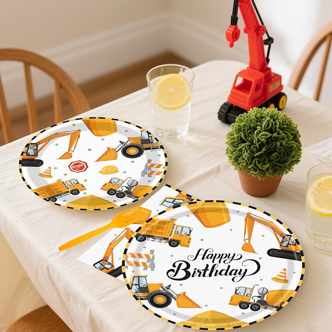 96 Pcs Construction Plates and Napkins Party Supplies, Construction Birthday Paper Plates Napkins and Forks Disposable Tableware Set for Kids Boys Birthday Party Decorations Serves 24