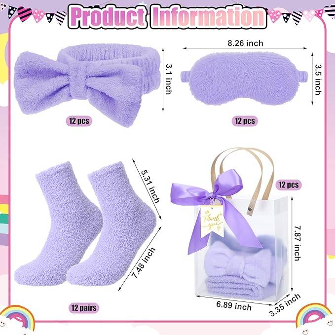 48 Pcs Spa Sleepover Party Supplies 12 Bow Headband 12 Plush Sleep Eye Mask Covers 12 Pair Fuzzy Sock 12 Gift Bags for Sleeping Sleepover Slumber Baby Shower Wedding Party Gift(Purple)